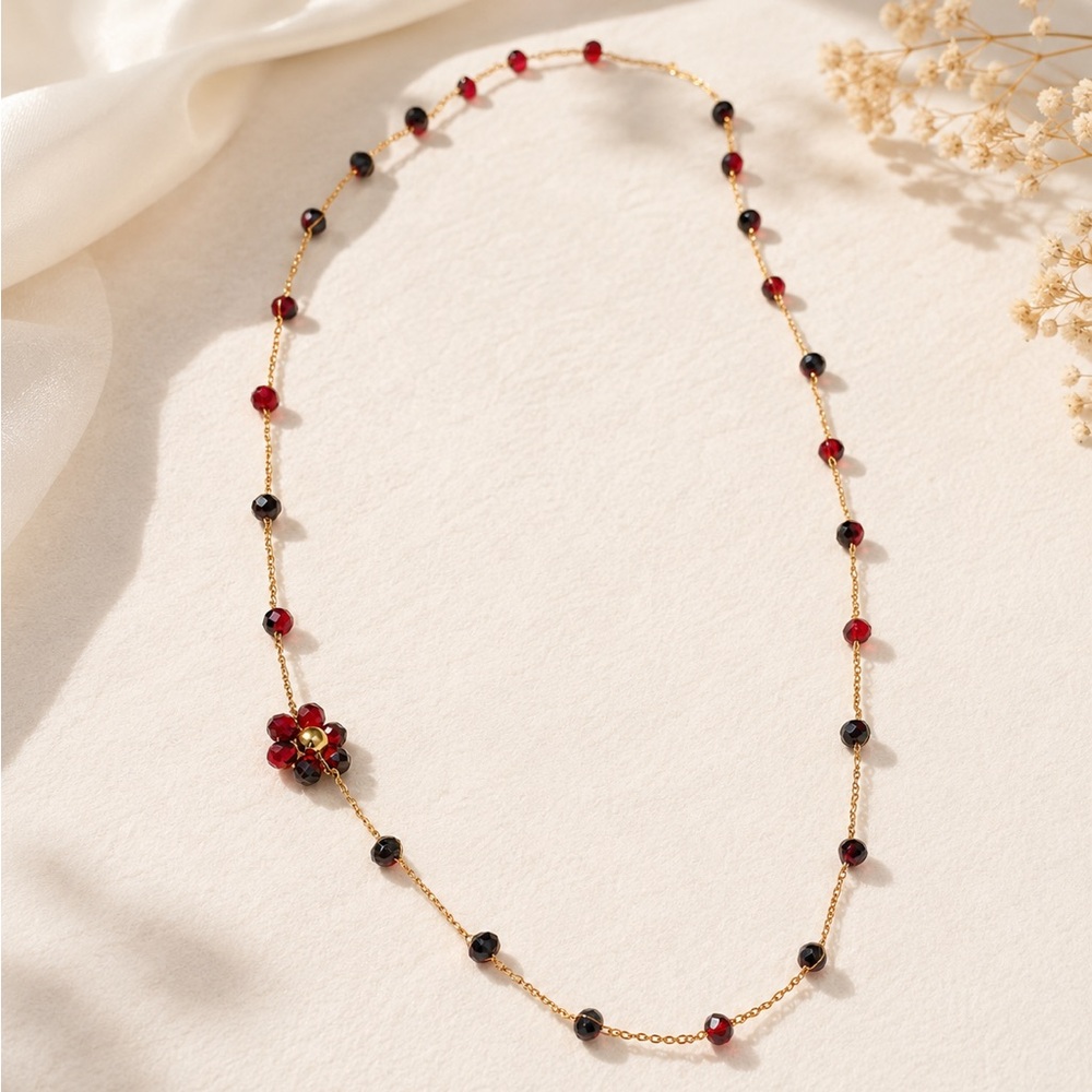 🪎 3/$30 Gold Chain Necklace with Red and Black Beads